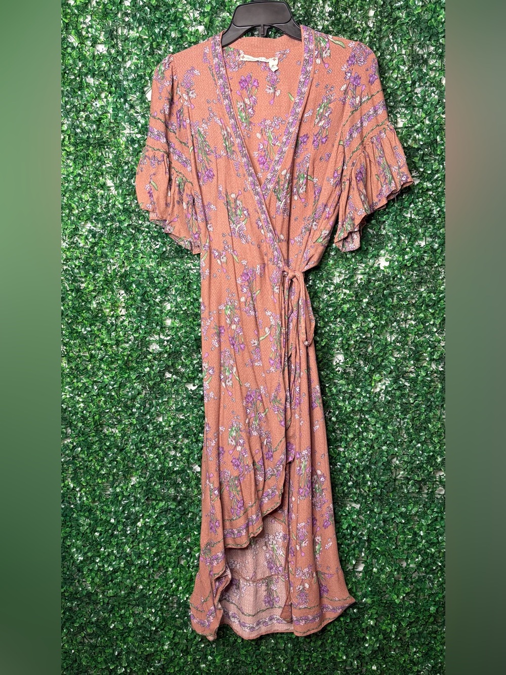 Chelsea & Violet Taupe Tan Wrap Maxi Dress with Purple Floral Print
